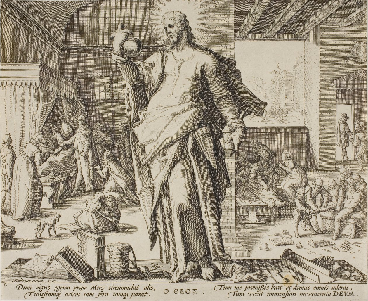 Lægen betragtet som Gud, plade en fra Allegories of the Medical Profession. af Hendrick Goltzius
