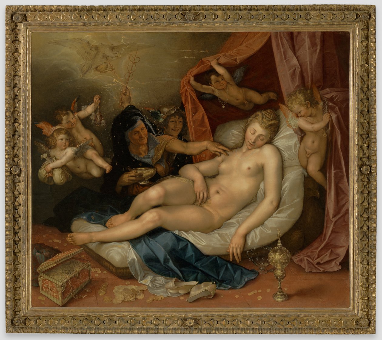 Den sovende Danaë gøres klar til Jupiter af Hendrick Goltzius