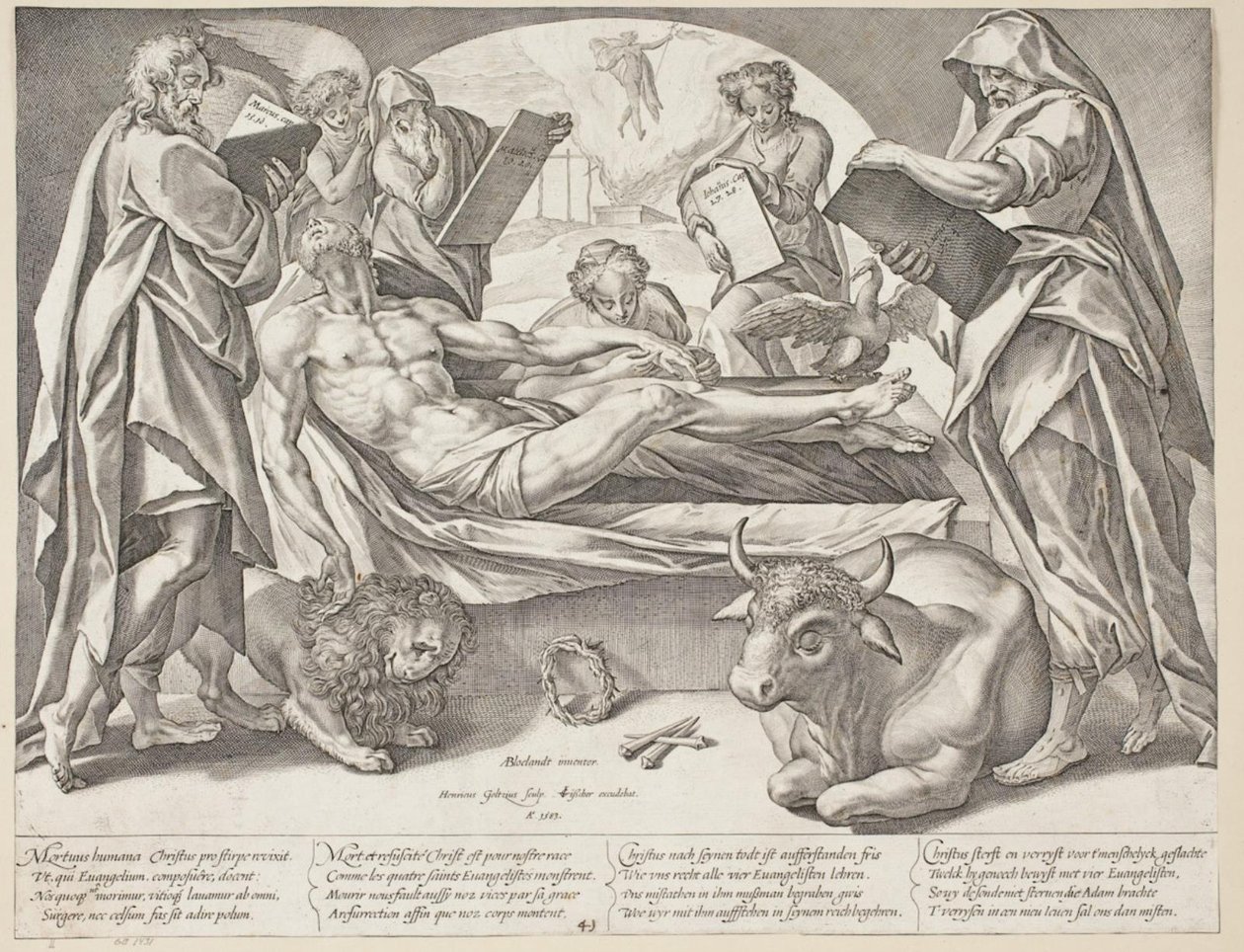 Den døde Kristus og de fire evangelister af Hendrick Goltzius