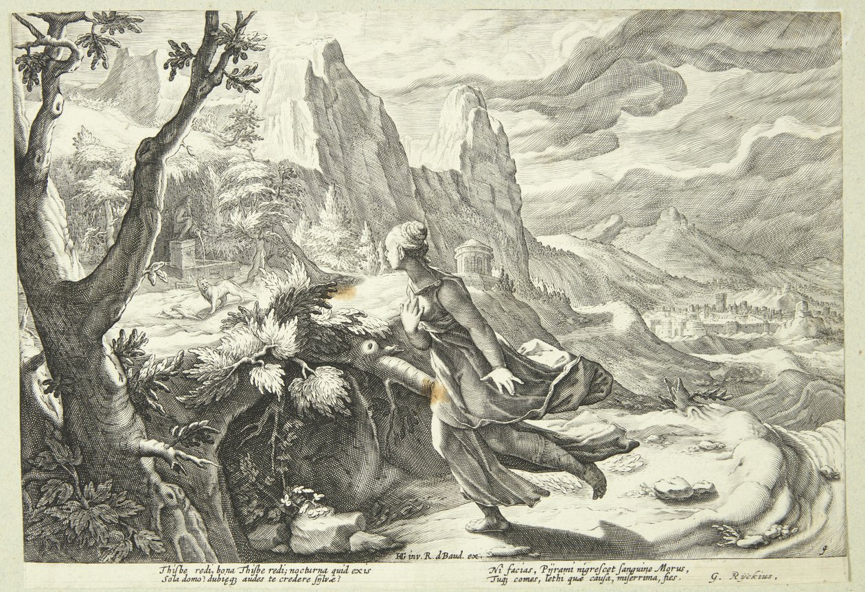 Thisbe skræmt af løven af Hendrick Goltzius