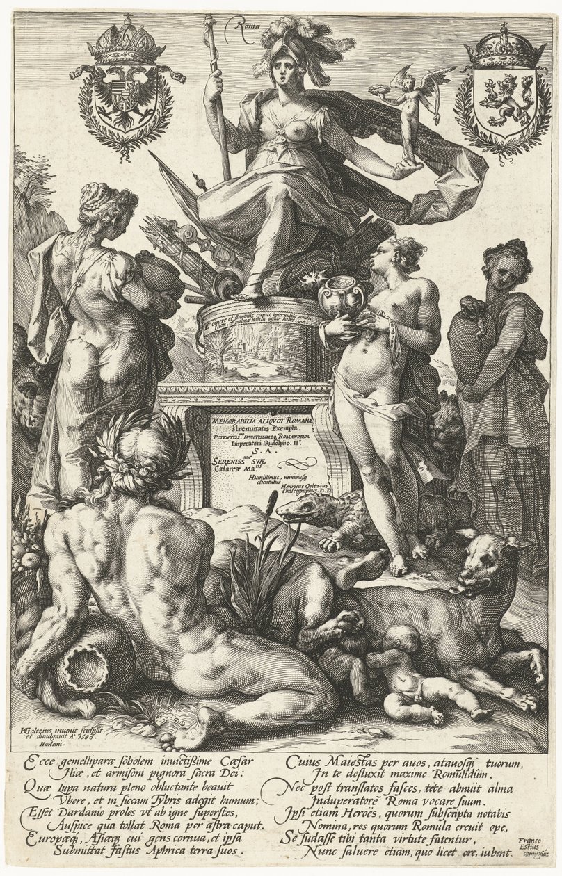 Titeltryk til trykserien De romerske helte Roma (titel på objekt) The Roman Heroes (serietitel) af Hendrick Goltzius