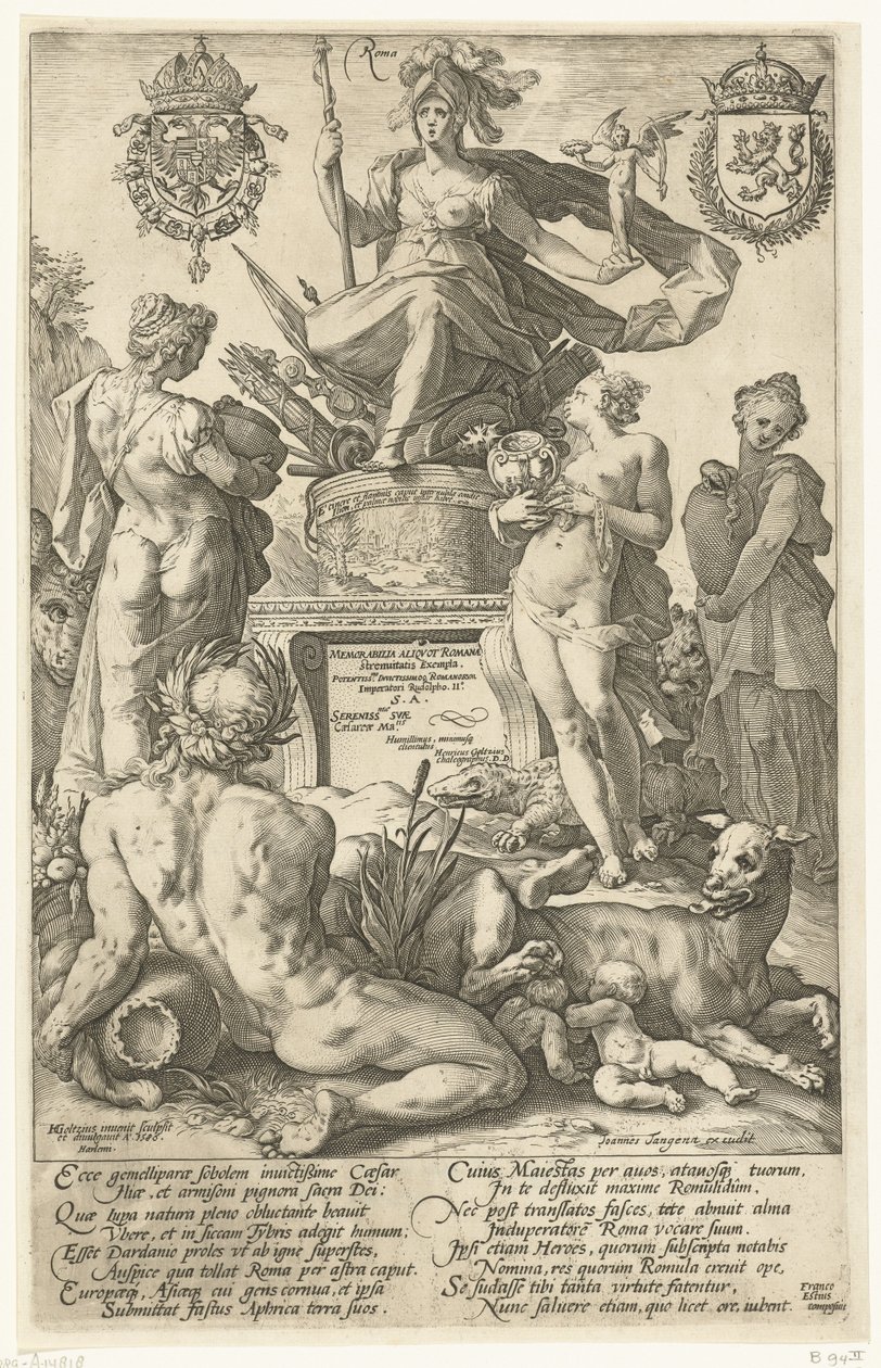 Titeltryk til trykserien De romerske helte Roma (titel på objekt) The Roman Heroes (serietitel) af Hendrick Goltzius