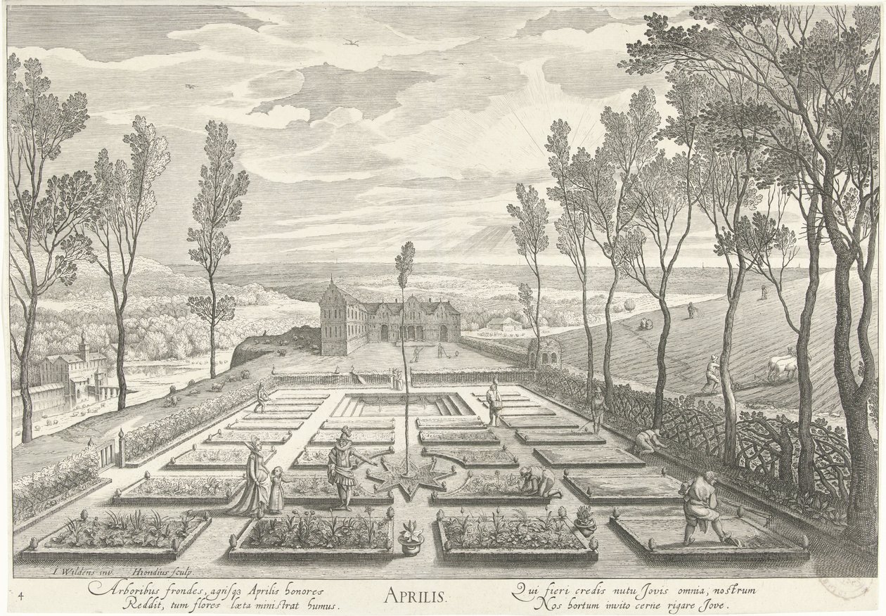 april, med et selskab i en have Aprilis (titel på objekt) De tolv måneder (serietitel) af Hendrick Hondius (I)