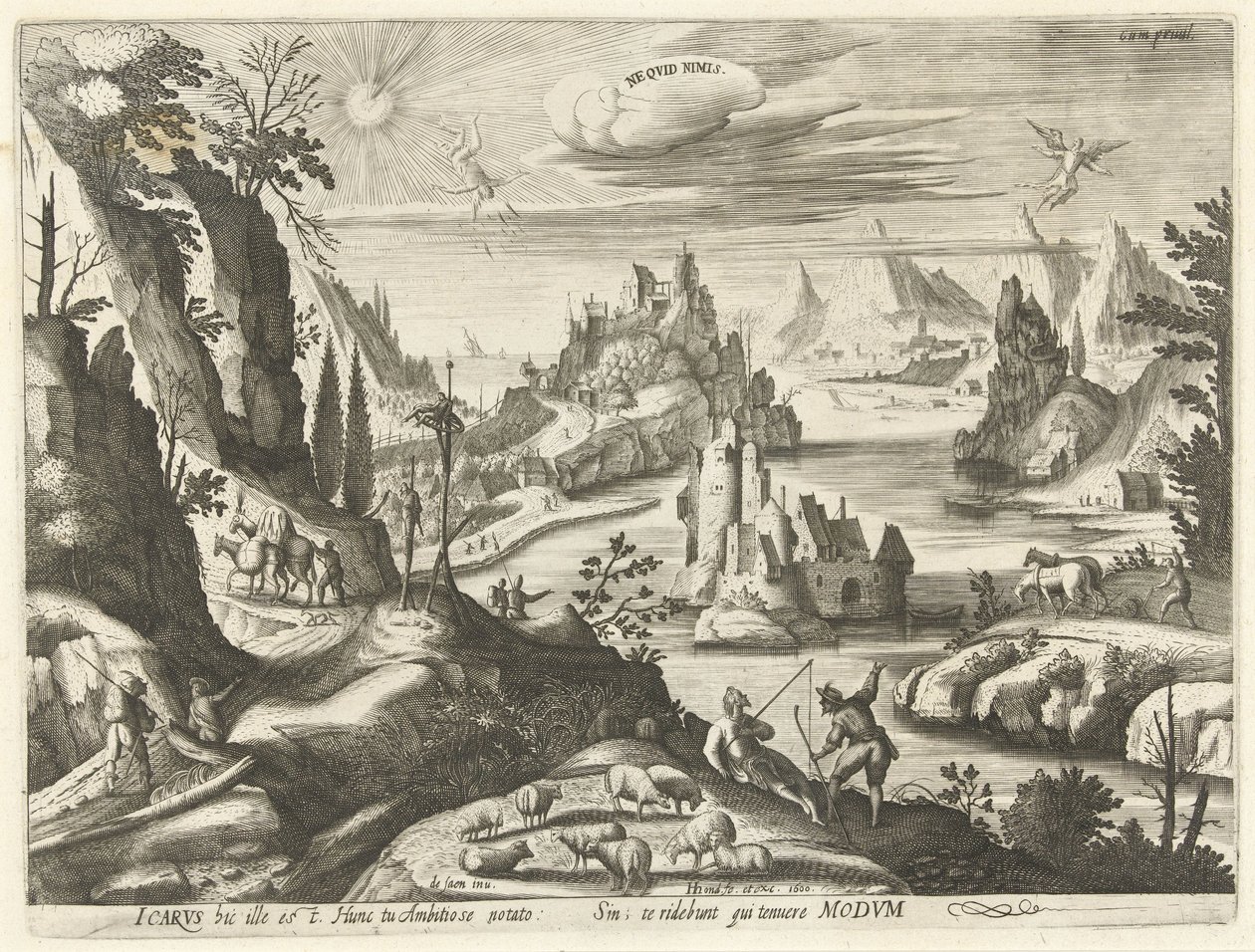 Landskab med Ikaros fald Ne quid nimis (titel på objekt) af Hendrick Hondius (I)