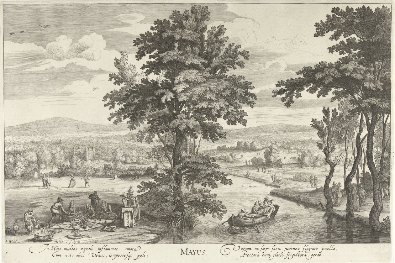 maj, med et selskab i et landskab Mayus (titel på objekt) De tolv måneder (serietitel) af Hendrick Hondius (I)
