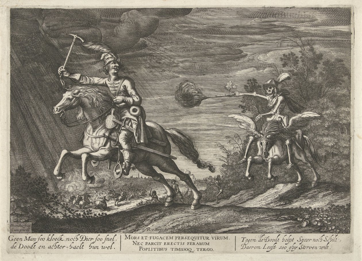 Rytter og Døden Ingen mand soo kloeck, ej heller dyr så hurtigt, dræber og finder dem godt (titel på objekt) af Hendrick Hondius (I)