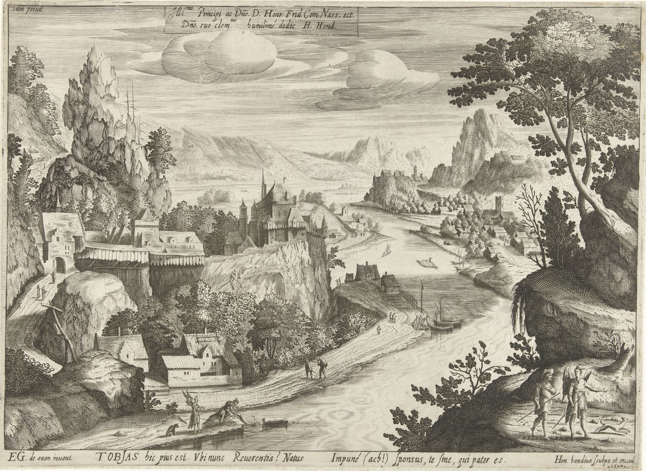 Tobias og englen fanger fisken i Tigris af Hendrick Hondius (I)