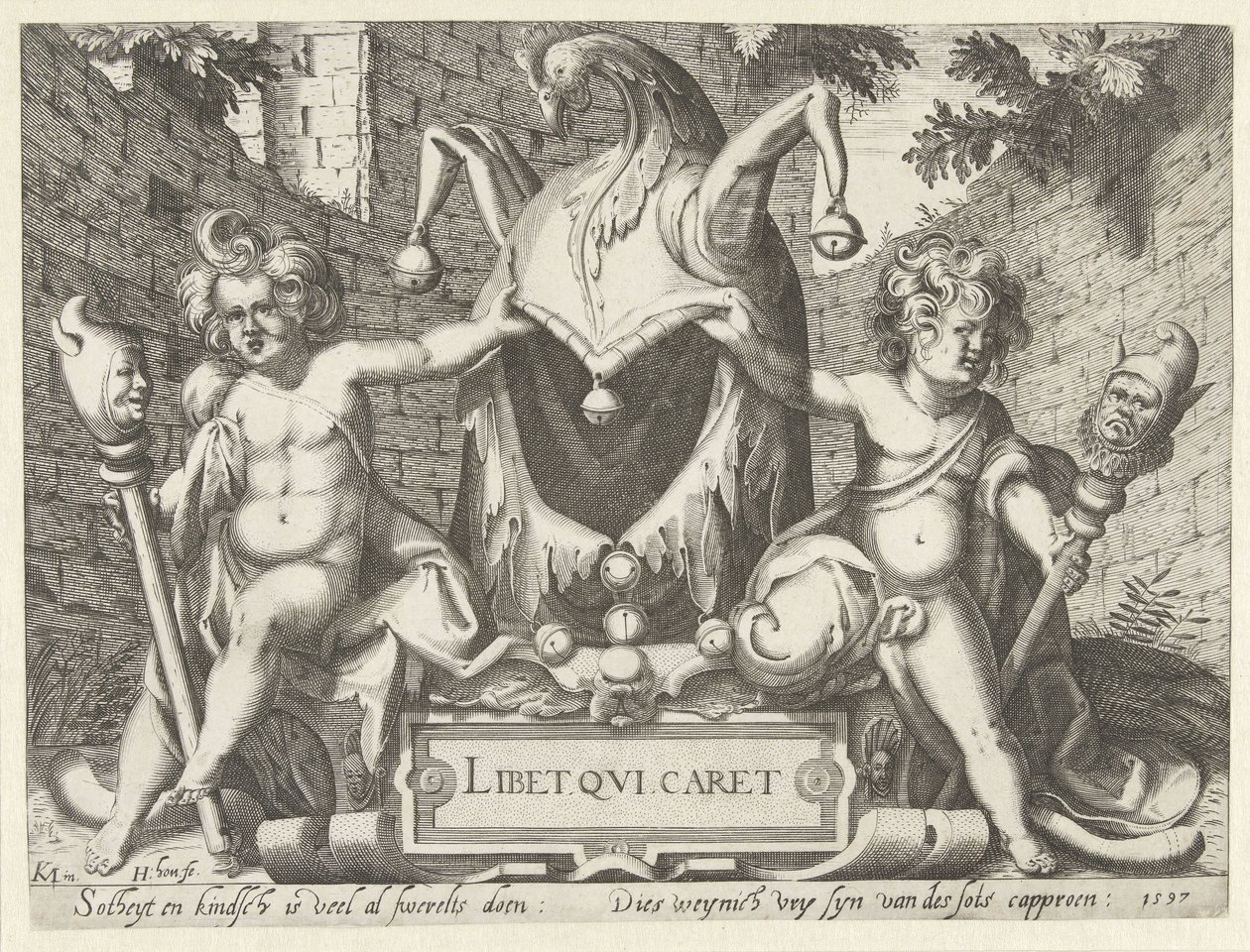 To putti med en dårehætte Libet qui caret (titel på objekt) af Hendrick Hondius (I)