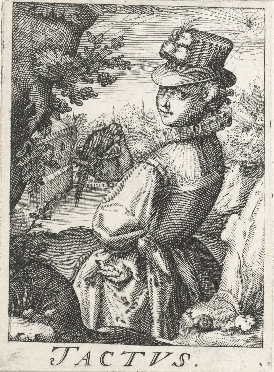 Feeling (Tactus), en kvinde med en fugl Tactus (titel på objekt) De fem sanser (serietitel) af Hendrick Hondius (rejected attribution)