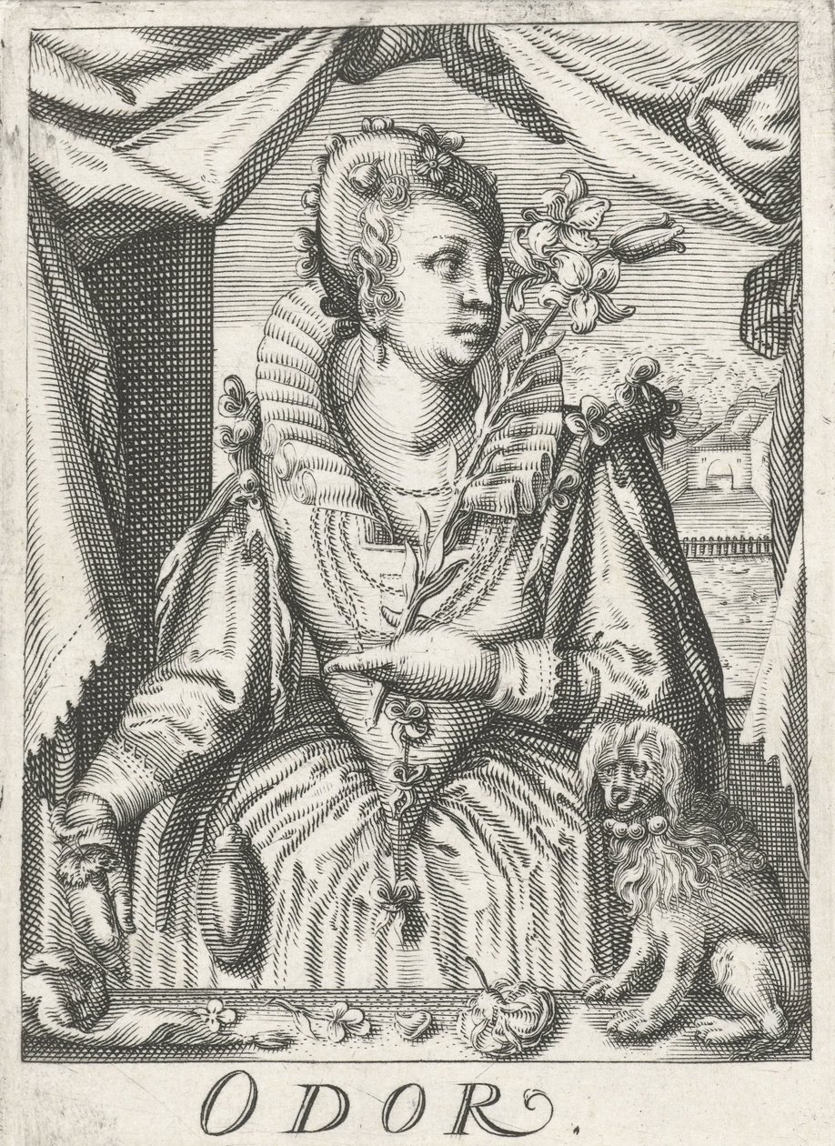 Lugt (lugt), en kvinde med en blomstergren Lugt (titel på objekt) De fem sanser (serietitel) af Hendrick Hondius (rejected attribution)