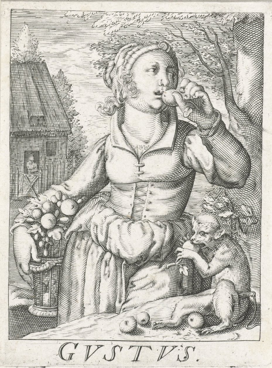 Smag (Gustus), en kvinde med frugter Gustus (titel på objekt) De fem sanser (serietitel) af Hendrick Hondius (rejected attribution)