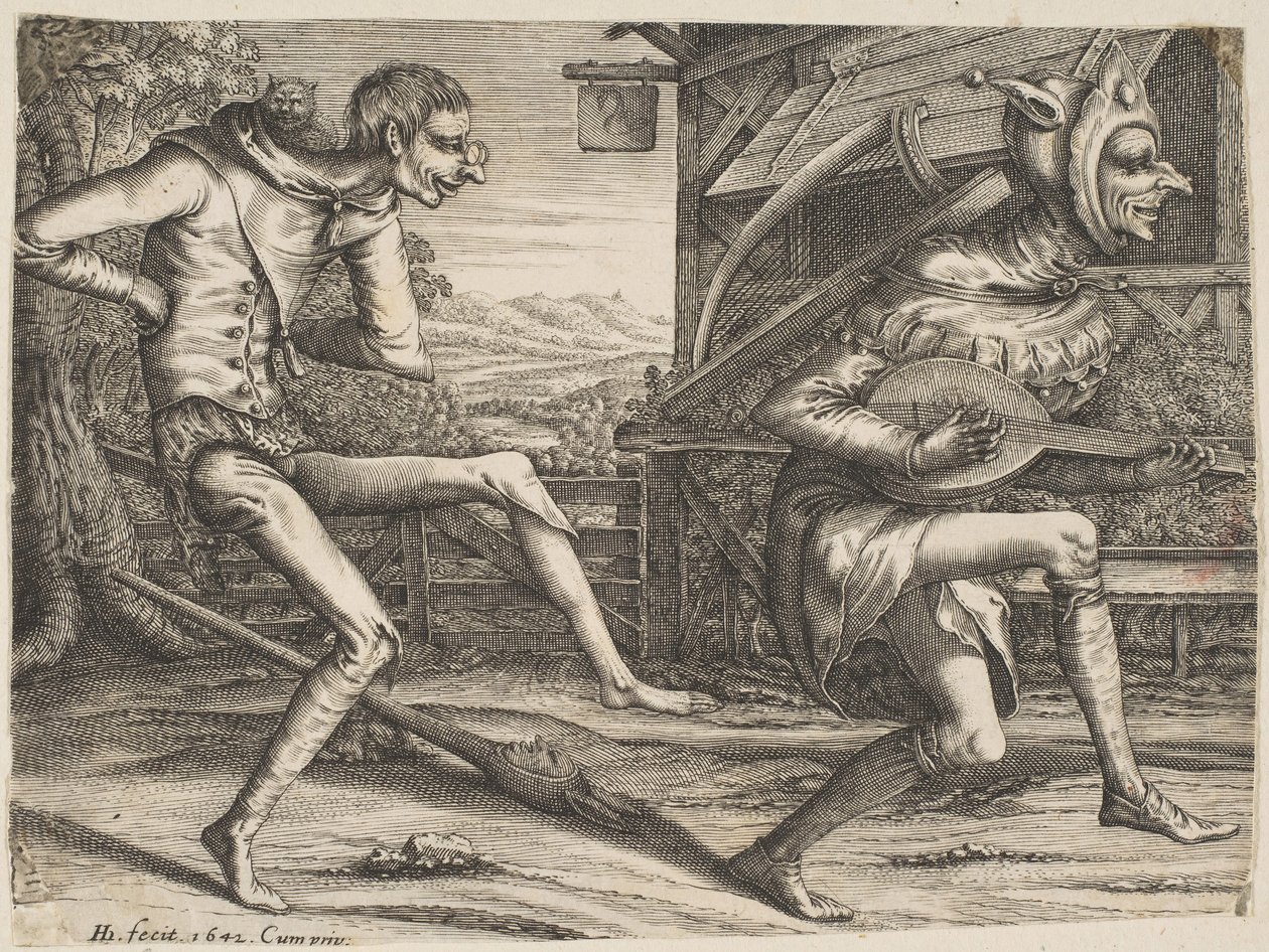 Two Fools Dancing from Two and Three Fools of the Carnival, 1642. af Hendrick Hondius I