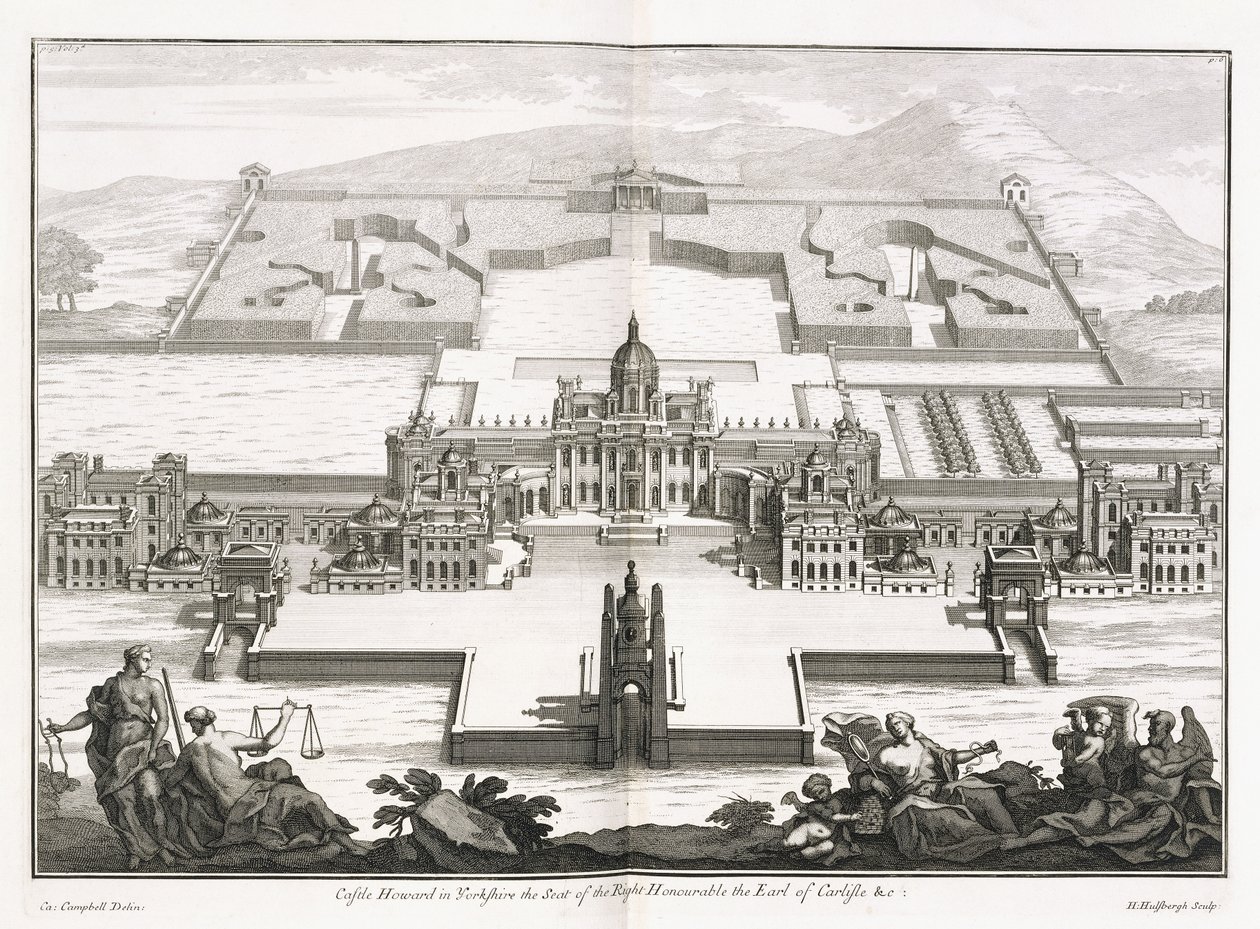 Castle Howard i Yorkshire, fra "Vitruvius Britannicus" eller "The British Architect, der indeholder planer, forhøjninger og sektioner af de almindelige bygninger både offentlige og private, i Storbritannien" af Colin Campbell af Hendrick Hulsberg