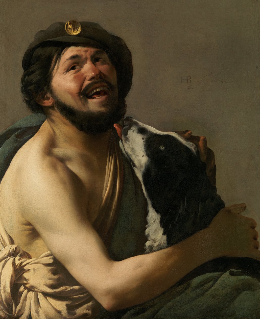 Et grinende bravo med sin hund Diogenes, 1628. af Hendrick Jansz Terbrugghen
