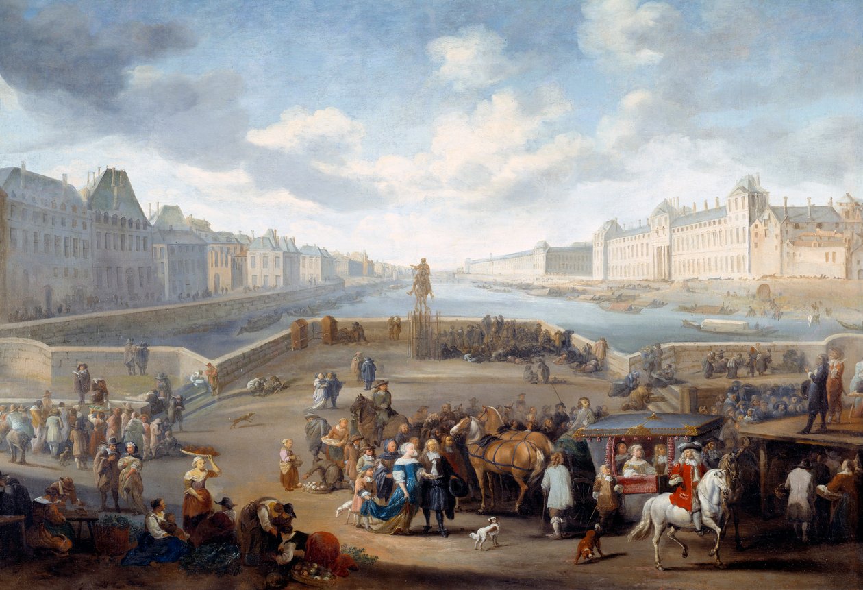 Bro over Seinen detalje af udsigten over Paris med Louvre taget fra Henri IV. Maleri af Hendricks Mommers (1623-1693) Ec. Hol. af Hendrick Mommers