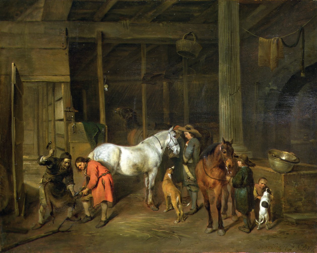 Interiør med hovslager (olie på lærred) af Hendrick Verschuring