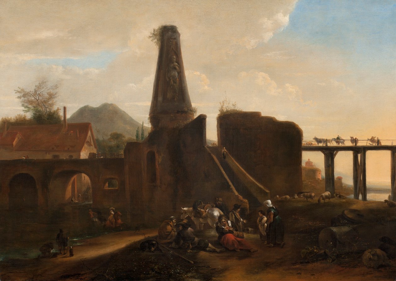 Rejsende i hvile ved siden af klassiske ruiner, 1663 olie på lærred af Hendrick Verschuring