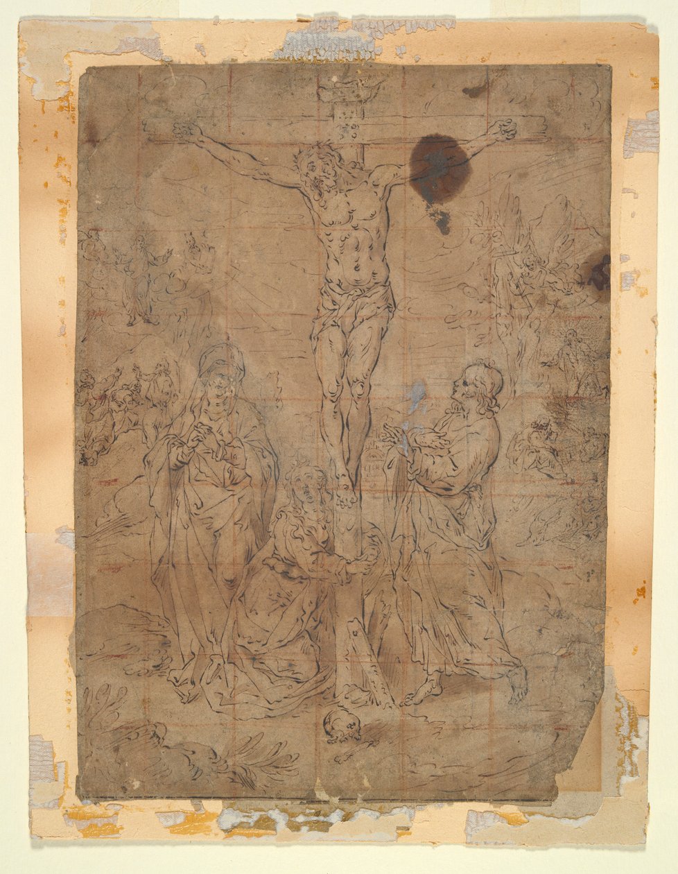 Kristus på korset mellem jomfruen og Johannes med passionsscener i baggrunden af Hendrick de Clerck