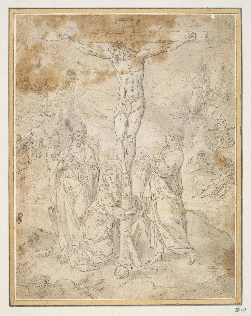 Kristus på korset mellem jomfruen og Johannes med passionsscener i baggrunden af Hendrick de Clerck