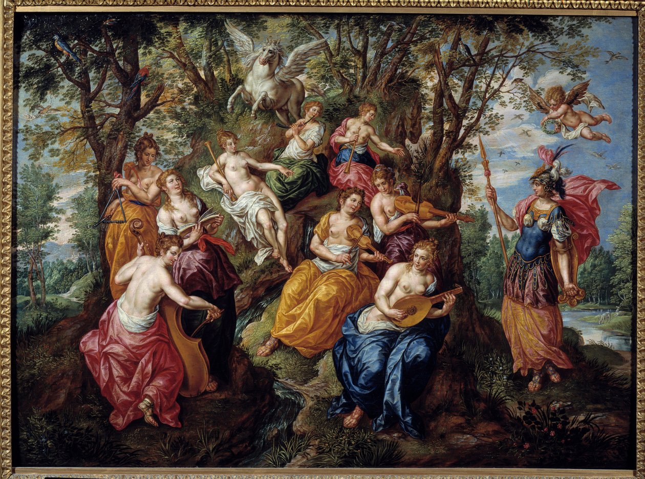 Besøg af Minerva ved Muses Maleri af Hendrick de Clerk (1570-1629) (ec.flam.) Chalons Sur Marne fra det 17. århundrede. Museum for Skønne Kunster af Hendrick de Clerk