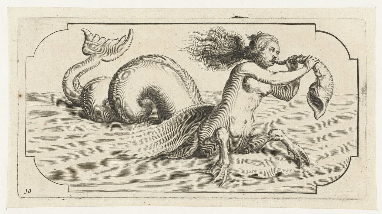 En kvindeskikkelse blæser på en skal Nouveau Livre des Dieux et Deeßes De la Marine Bouckje of Sea Gods and Goddesses (serietitel) af Hendrick de Keyser (I)