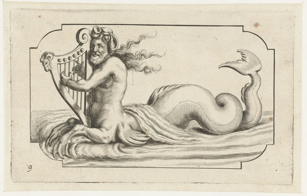 Triton spiller en harpe Nouveau Livre des Dieux et Deeßes De la Marine Bouckje of Sea Gods and Goddesses (serietitel) af Hendrick de Keyser (I)