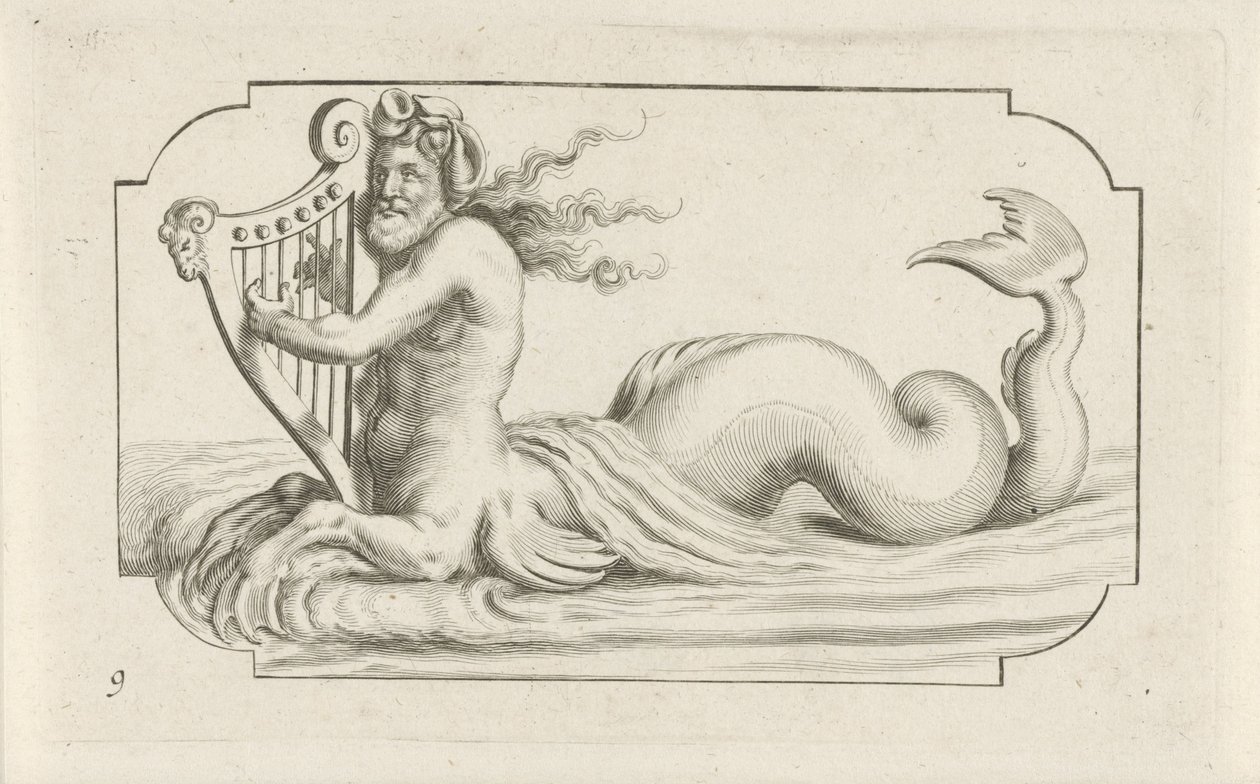 Triton spiller på en harpe Nouveau Livre des Dieux et Deeßes De la Marine Bouckje of Sea Gods and Goddesses (serietitel) af Hendrick de Keyser (I)