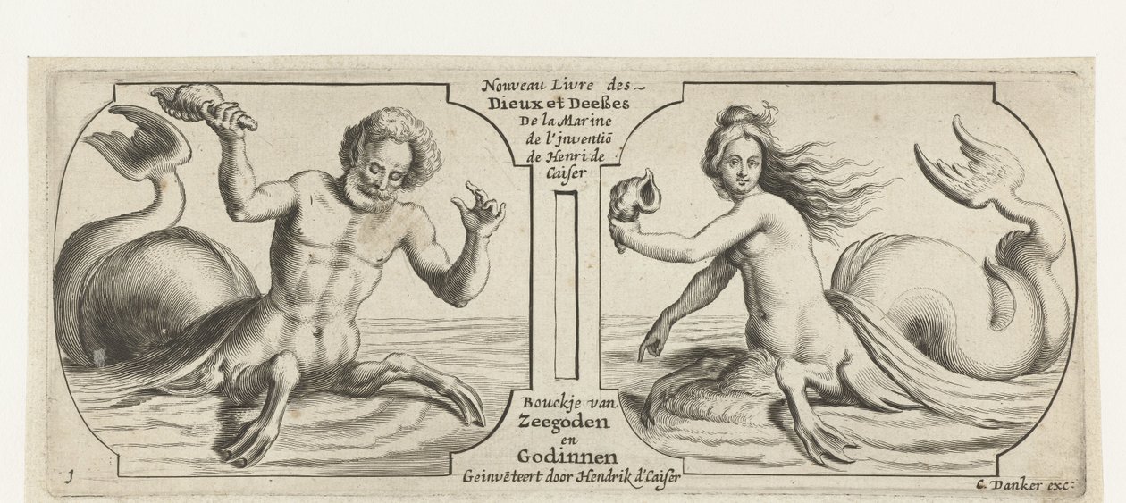 To rum, hver i en Triton Nouveau Livre des Dieux et Deeßes de la Marine Bouckje van Zeegehoden og gudinder (titel på objekt) Nouveau Livre des Dieux et Deeßes de la Marine Bouckje Van Zeegeoden og gudinder (serietitel) af Hendrick de Keyser (I)
