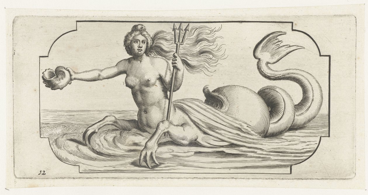 Kvindelig figur med trident fra Neptune Nouveau Livre des Dieux et Deeßes de la Marine Bouckje Van Zeegeoden og gudinder (serietitel) af Hendrick de Keyser (I)