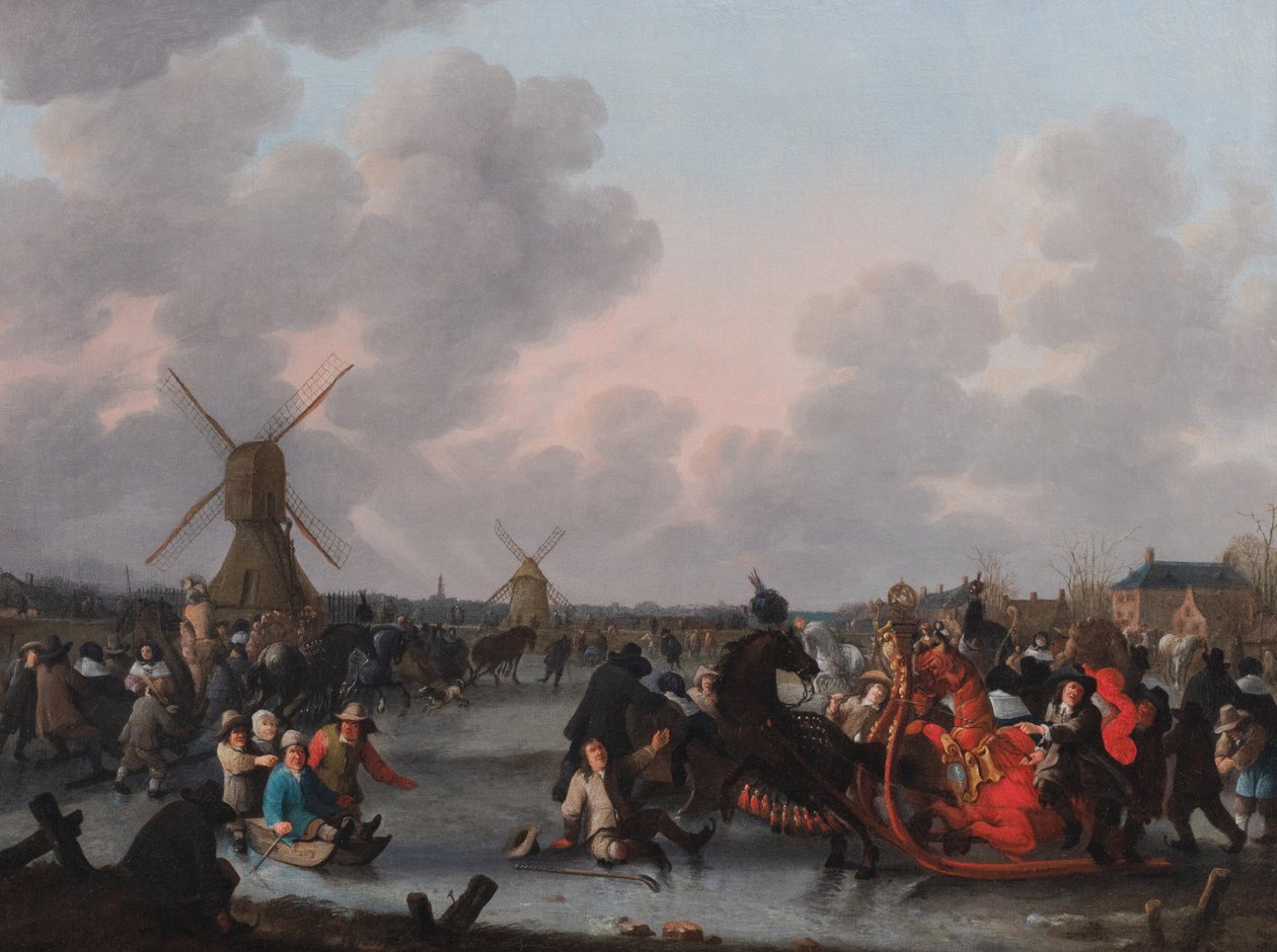 Et vinterlandskab med talrige hestetrukne slæder på isen af Hendrick de Meijer