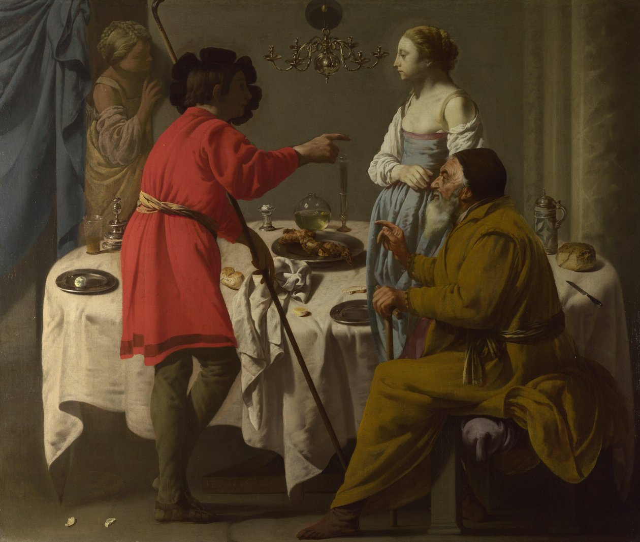 Hollandsk: Jakob bebrejder Laban, at han var ham utro med Lea Jakob bebrejder Laban, at han gav ham Lea i stedet for Rakel af Hendrick ter Brugghen