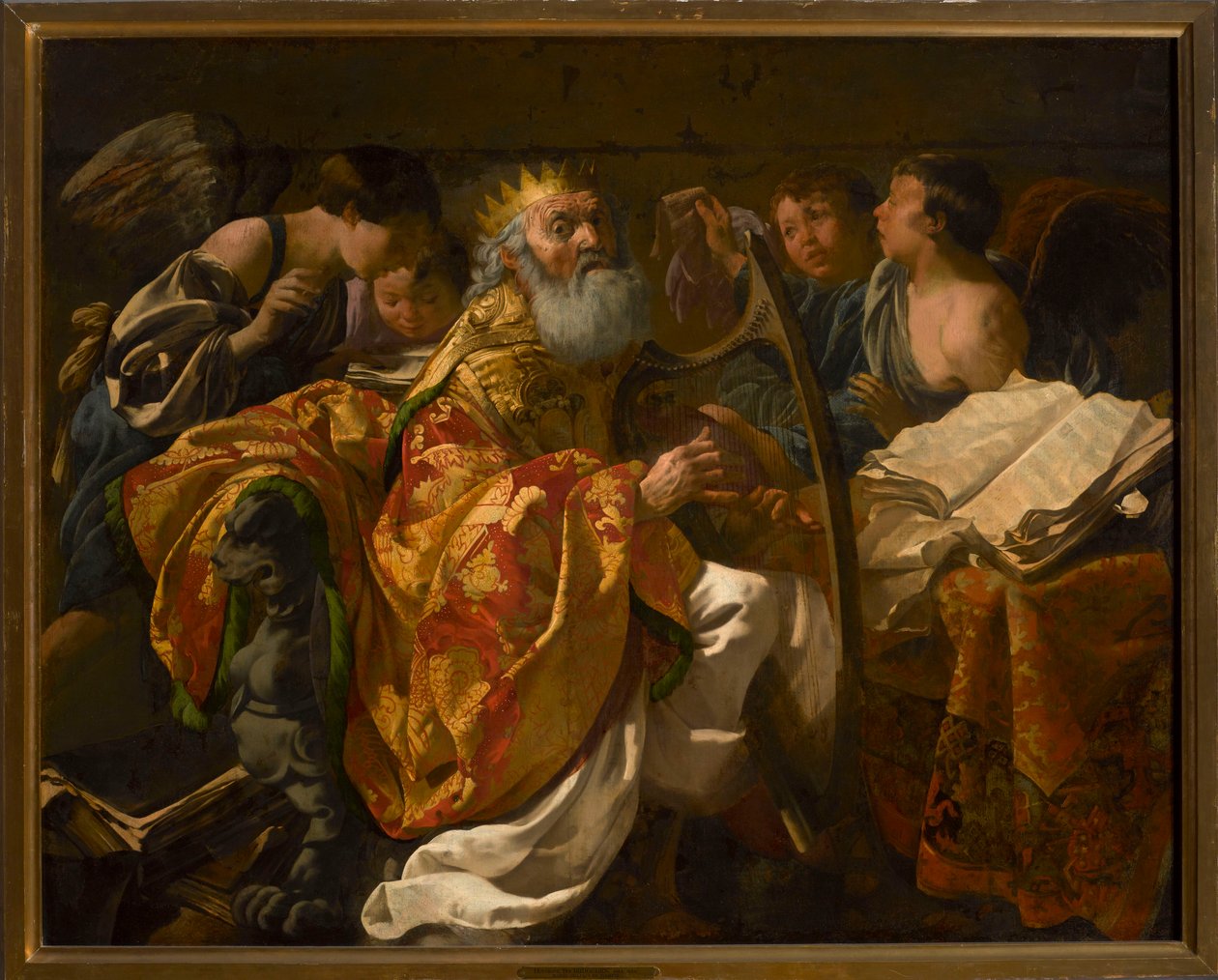 Kong David spiller harpe omgivet af engle af Hendrick ter Brugghen