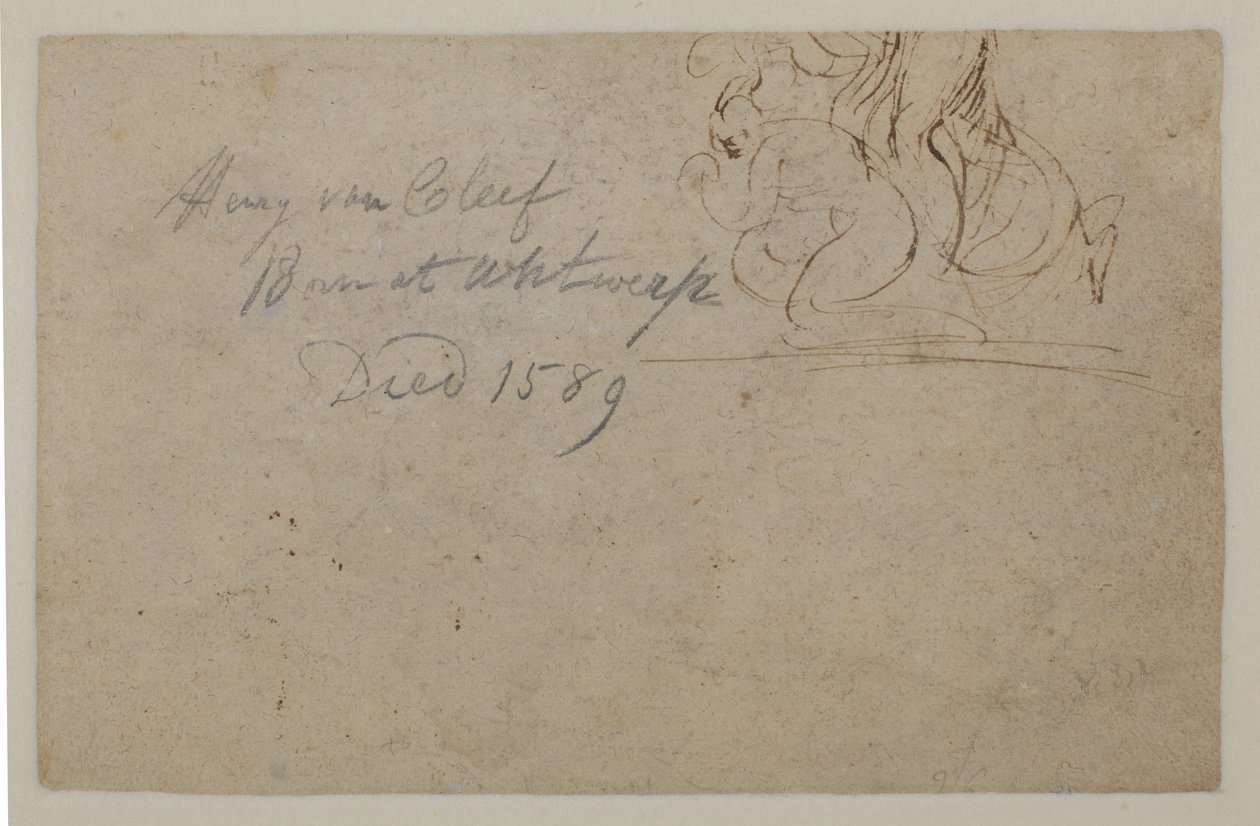 Anmærkning af en senere hånd. Skitse af en sammenkrøbet figur og en opvoksende hest, ?, 1500-tallet af Hendrick van Cleve
