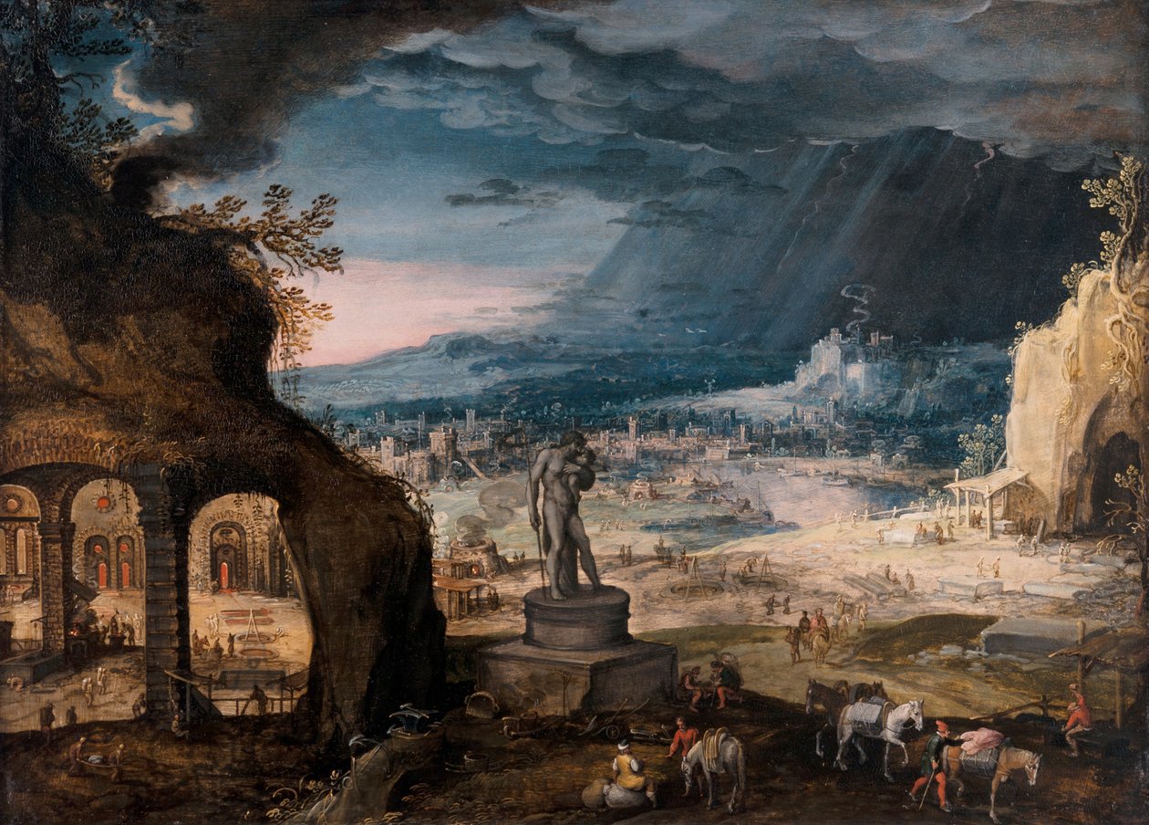 Landskab med en statue af Saturnos/Allegory of Time Passing By af Hendrick van Cleve