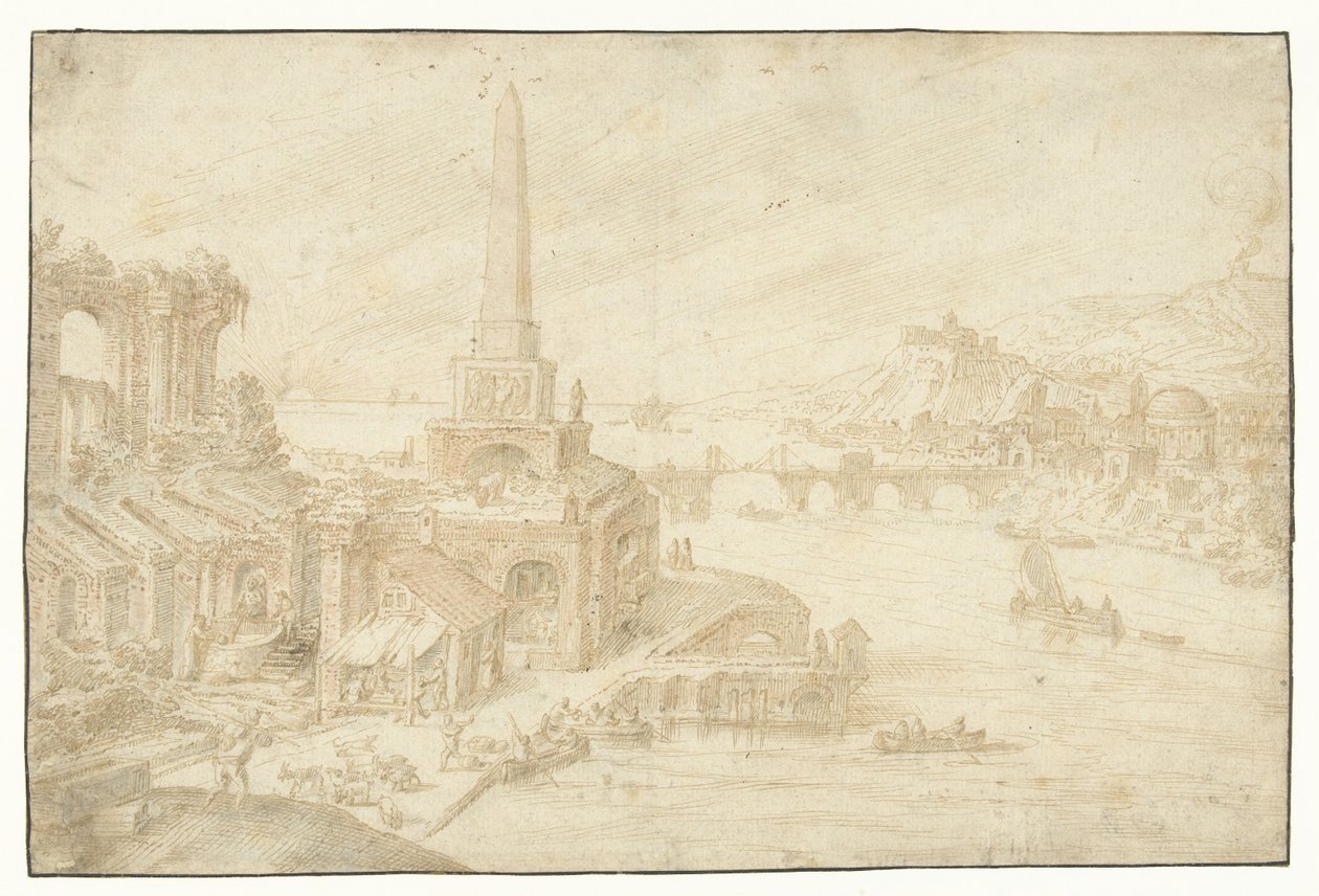 Obelisk ved siden af ​​ruiner Regions, Ruralities, Fundorum (...) (serietitel) af Hendrick van Cleve