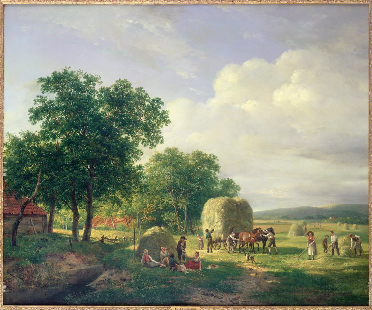 Et skovklædt landskab med høbønder af Hendrick van de Sande Bakhuyzen