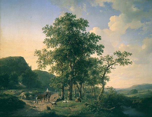 Skovklædt landskab med bønder og dyr af Hendrick van de Sande Bakhuyzen
