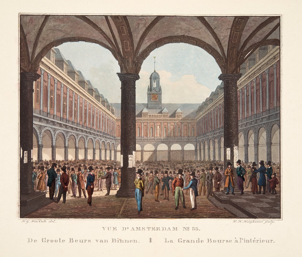 Udsigt over Amsterdam No.33. De Groote Beurs van Binnen. La Grande Bourse indeni, 1825 (håndfarvet gravering) af Hendrik Gerrit ten Cate