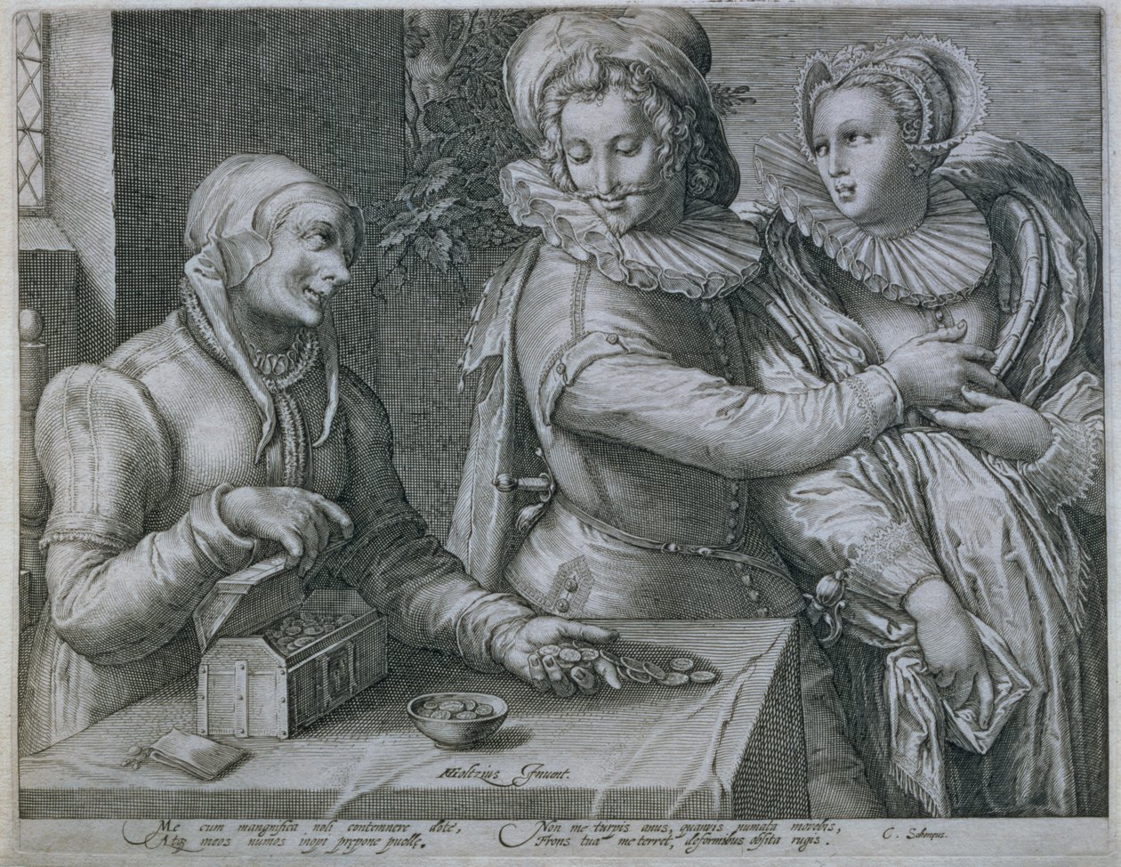 En ung mand, der vælger kærlighed til skønhed frem for rigdom, indgraveret af Jacob Matham (1571-1631) af Hendrik Goltzius