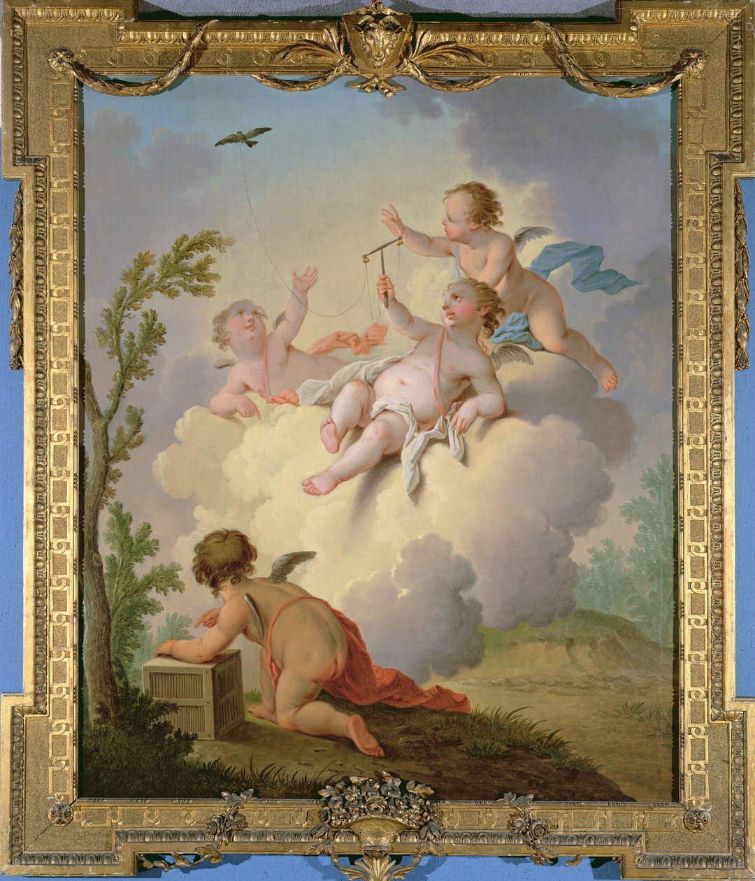 Engle leger med en fugl i et landskab af Hendrik Willem Schweickardt