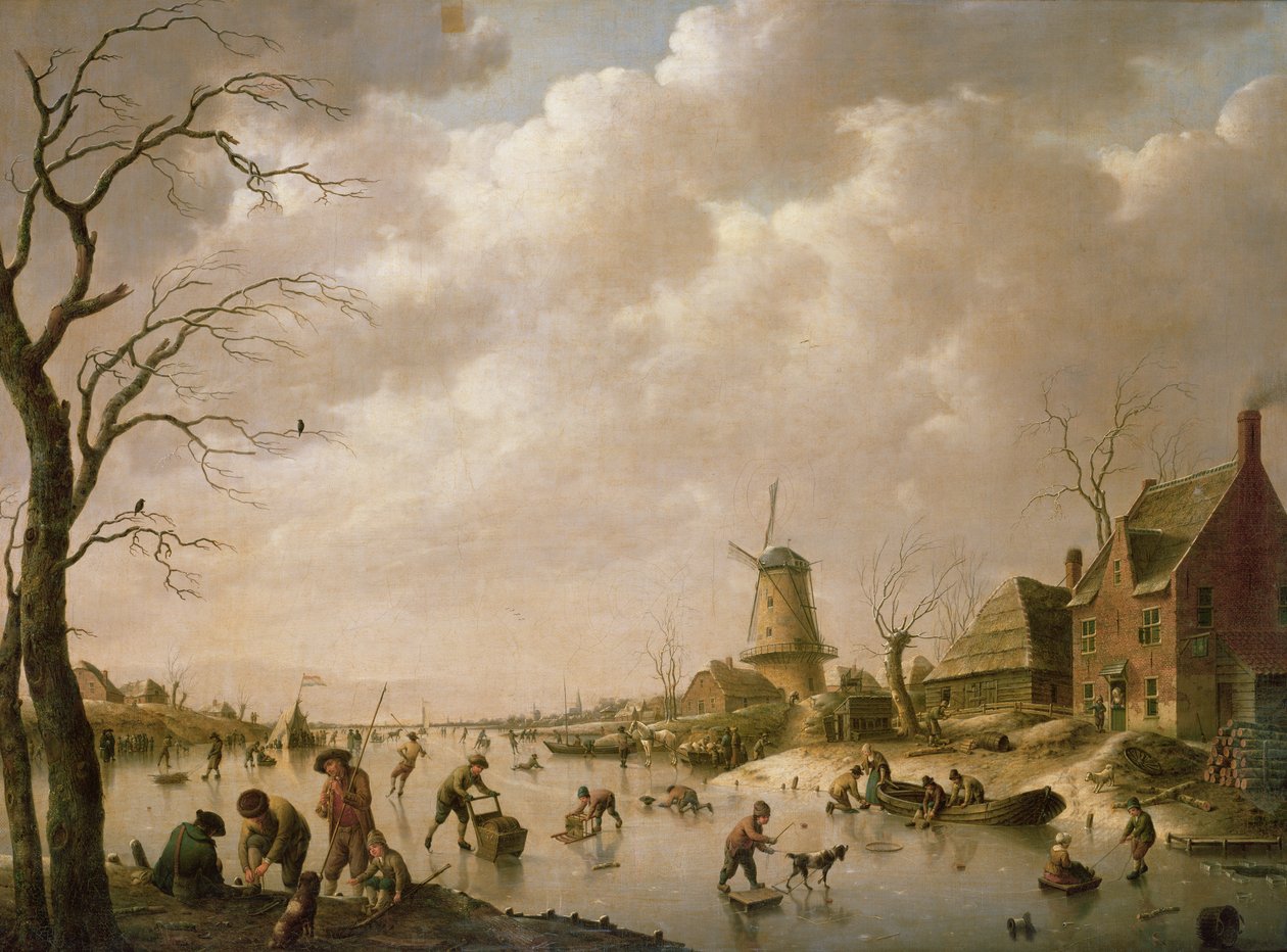 Skatere på en frossen kanal, 1779 af Hendrik Willem Schweickardt