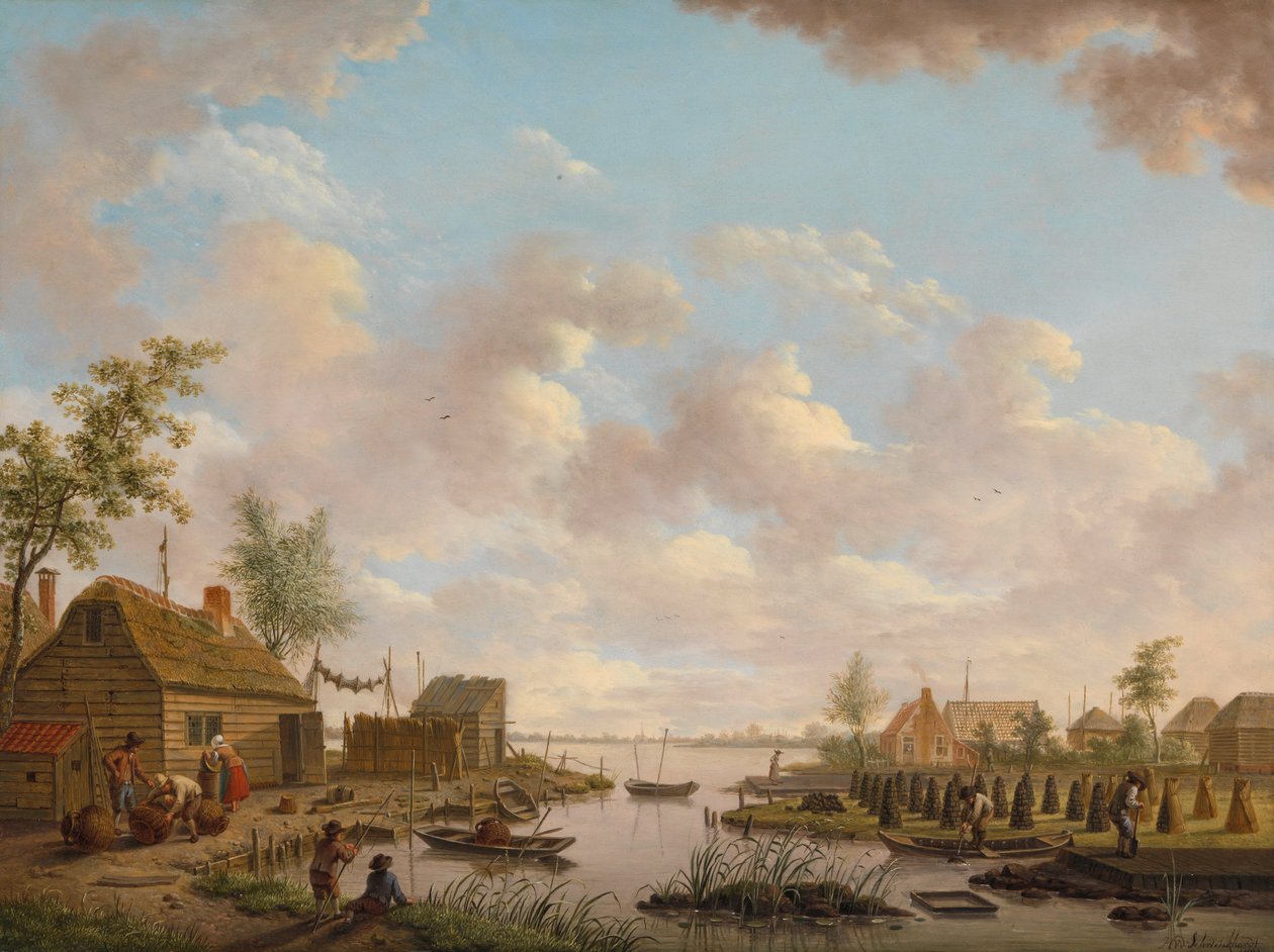 Landskab med fiskere og tørvskærende landmænd i den lave hede af Hendrik Willem Schweickhardt