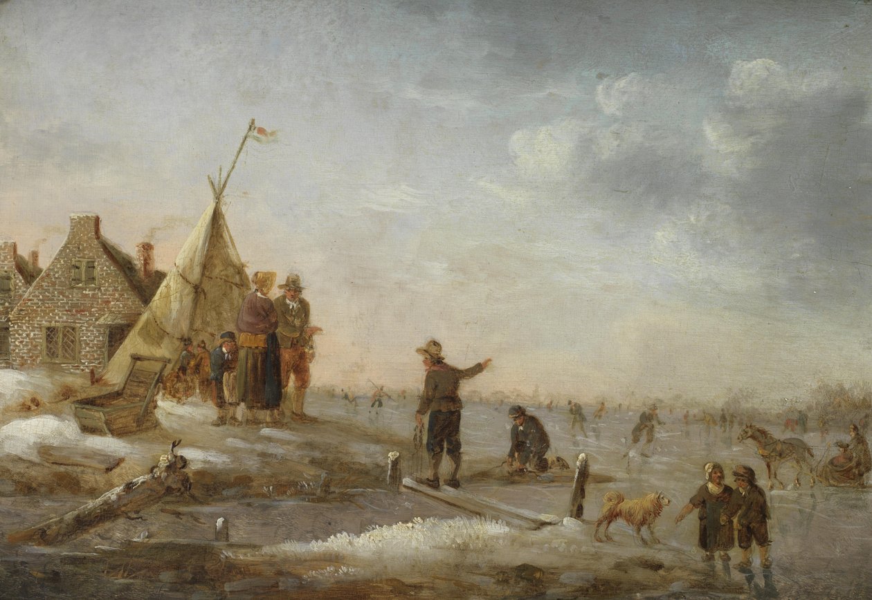 Vinterlandskab med kunstskøjteløb foran en landsby af Hendrik Willem Schweickhardt