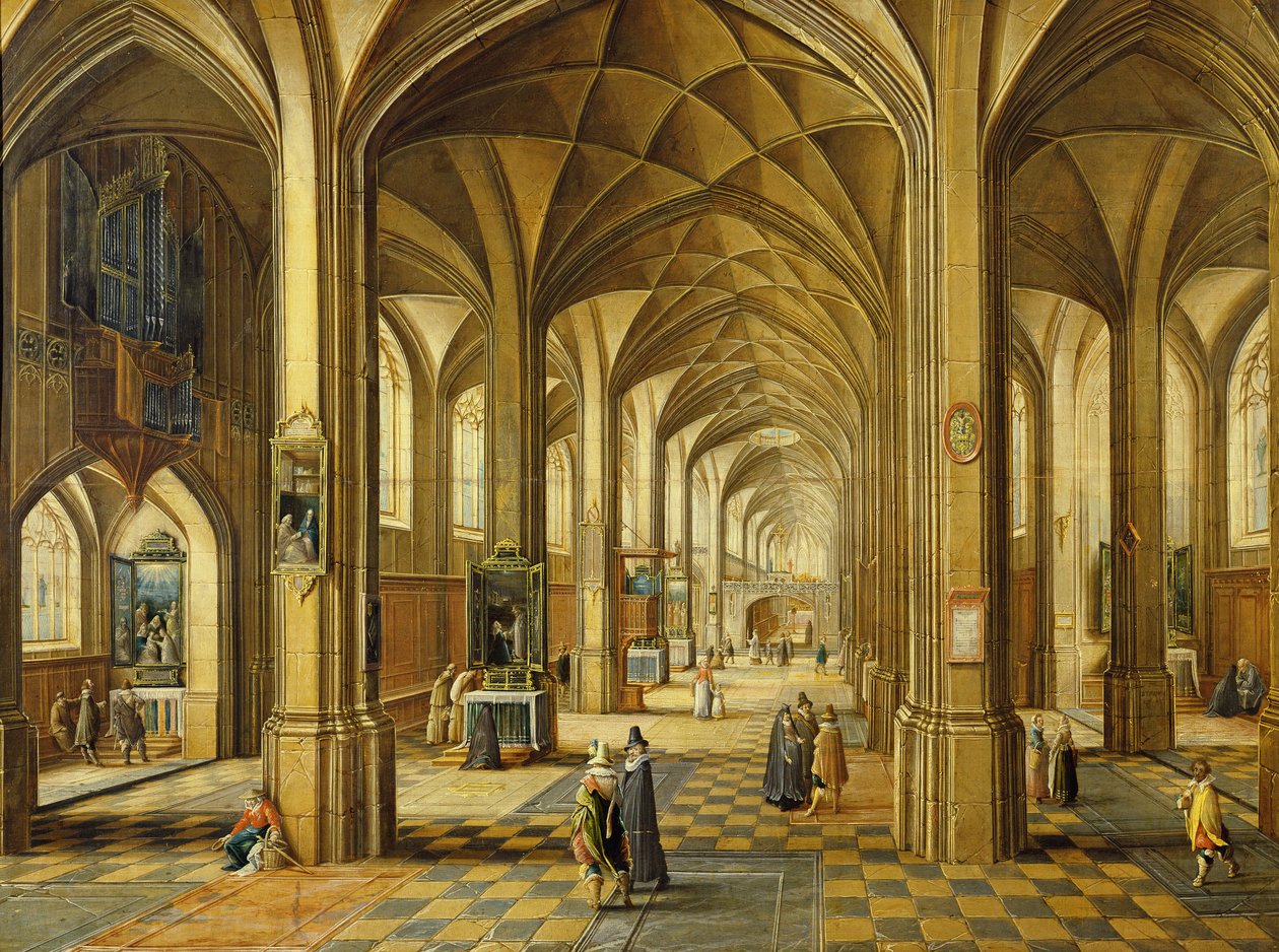 Interiør af en kirke i gotisk stil med tre skibe af Hendrik the Younger Steenwyck