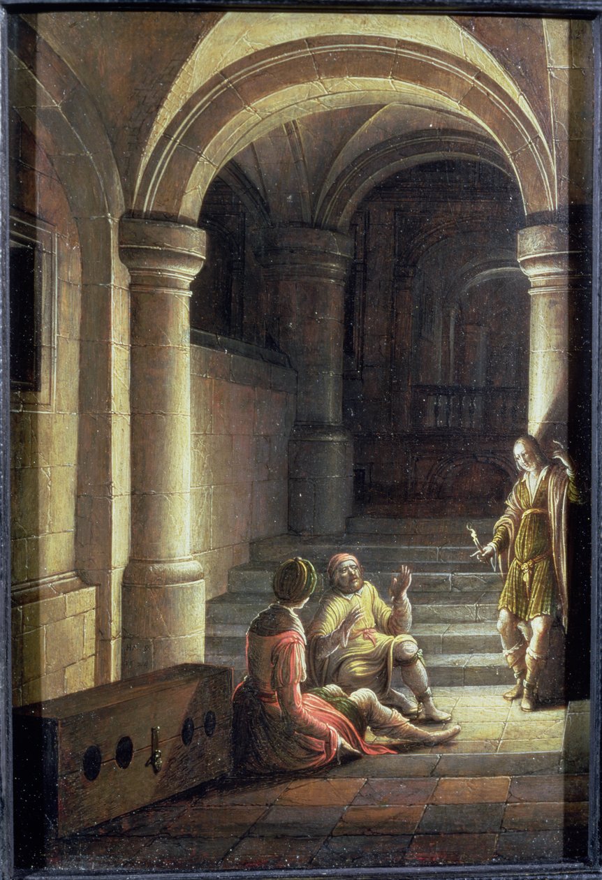 Josef i fængslet, der fortolker bagerens og butlerens drømme, 1624 af Hendrik the Younger Steenwyck