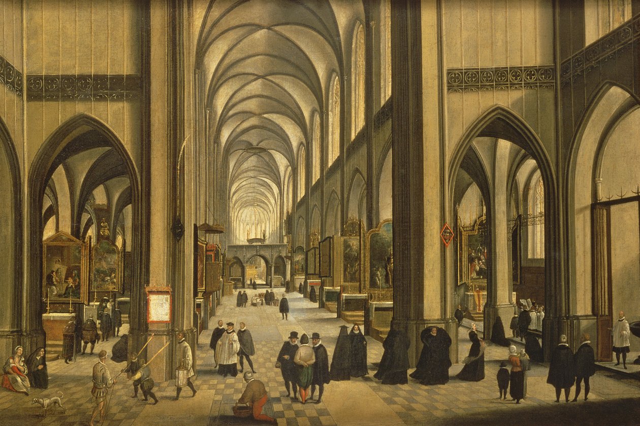 Interiør af Antwerpens katedral med de syv sakramenter, 1590 af Hendrik van Steenwyck