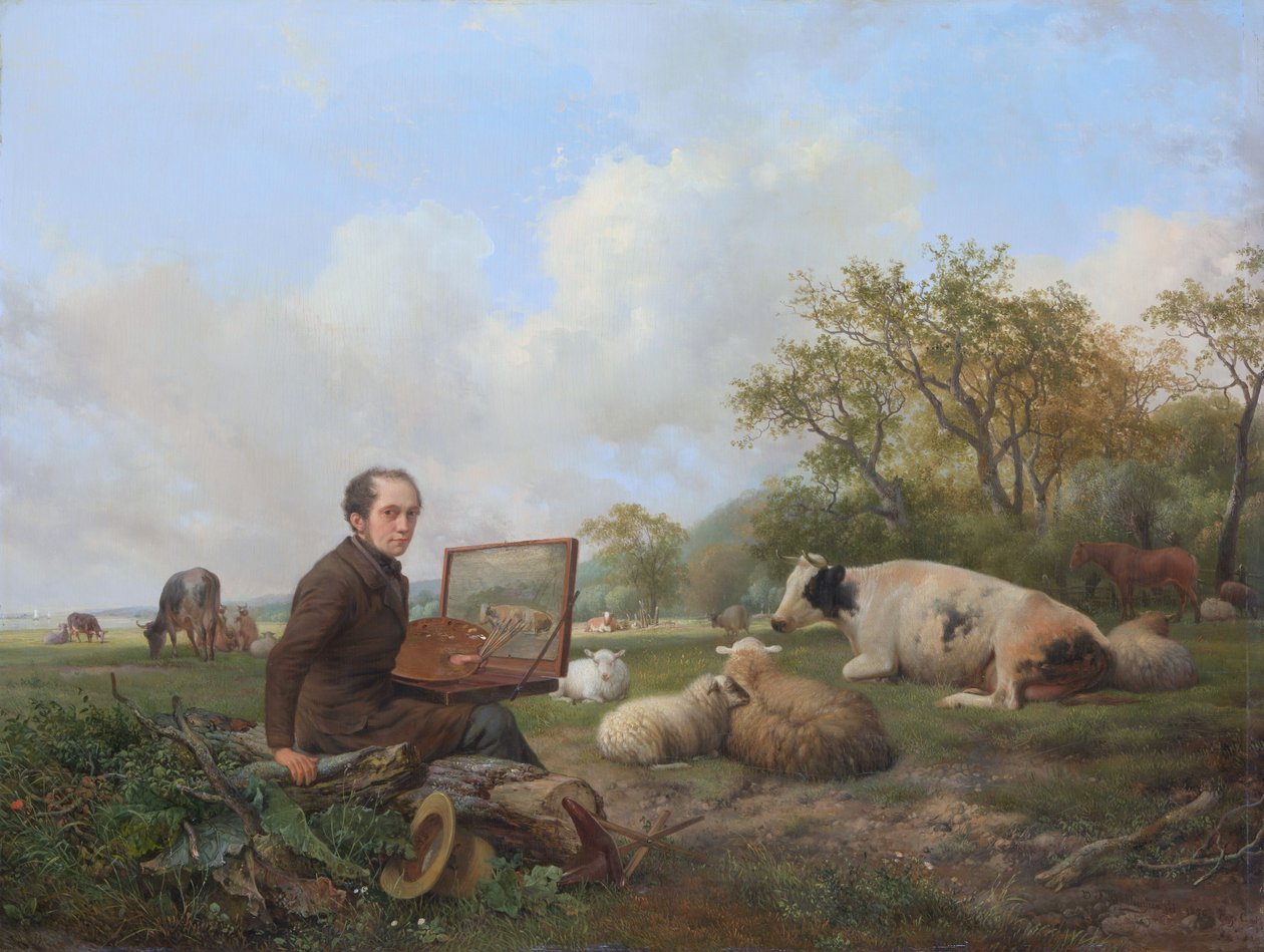 Maleren selv, der maler i et englandskab med kvæg af Hendrick van de Sande Bakhuyzen