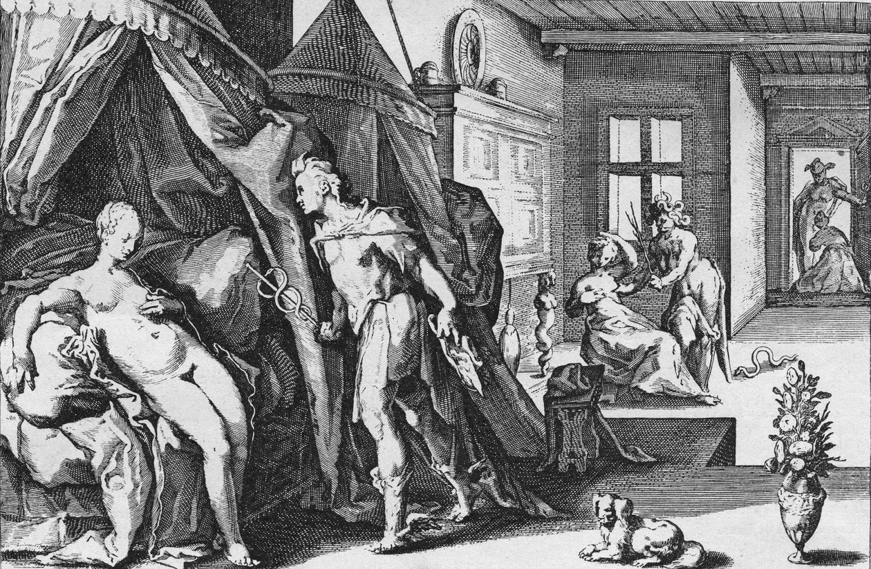 Merkur kommer ind i Herses værelse efter at have ændret Agraulos til sten, fra Ovid, Metamorphoses, Bog II - Anonym, hollandsk af Hendrik (after) Goltzius