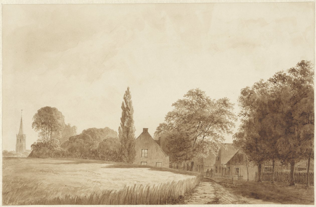 Udsigt til nogle huse og et kirketårn ved Hilversum af Hendrik Abraham Klinkhamer
