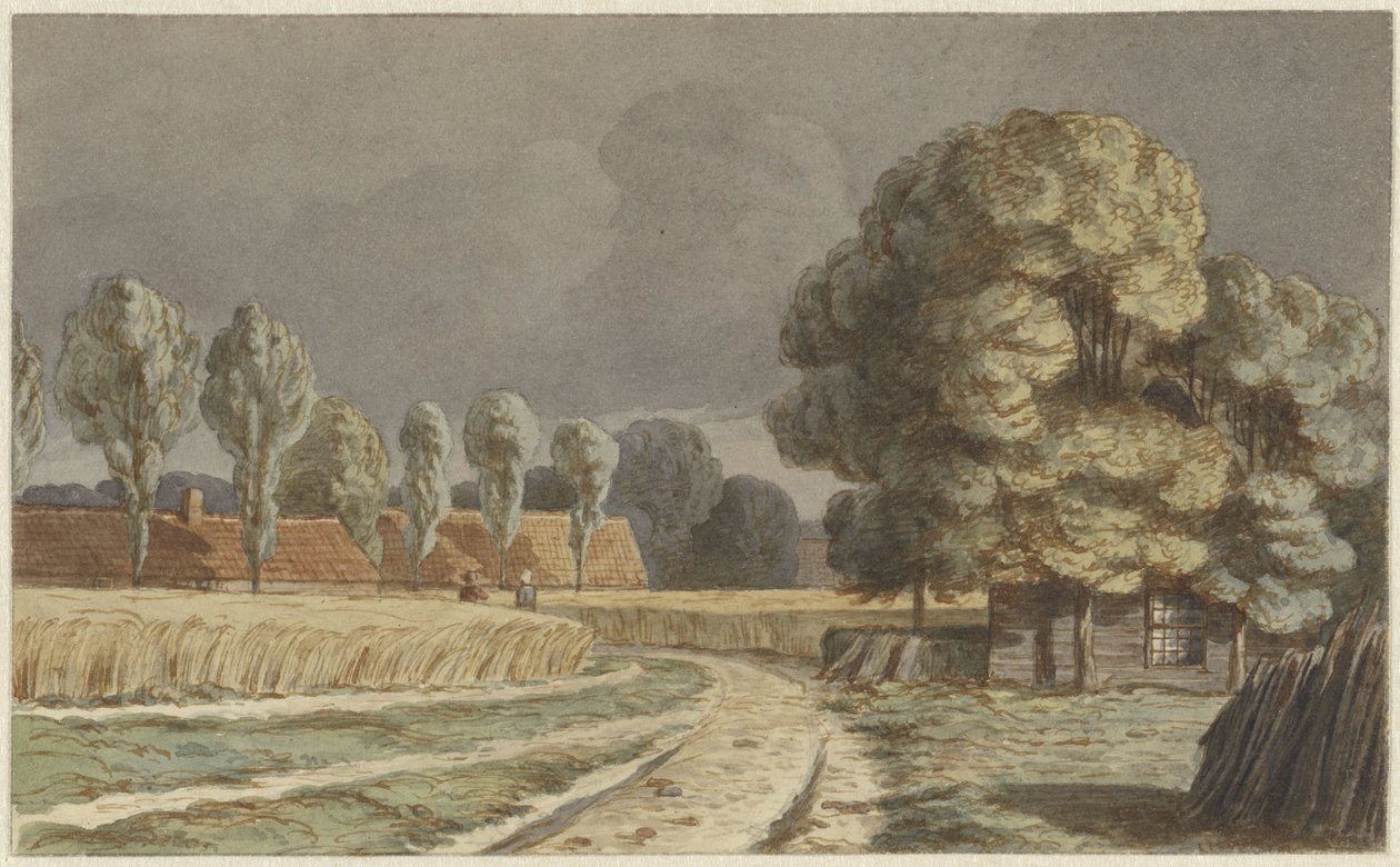 Kornmark mellem huse under et truende tordenvejr i Hilversum af Hendrik Abraham Klinkhamer
